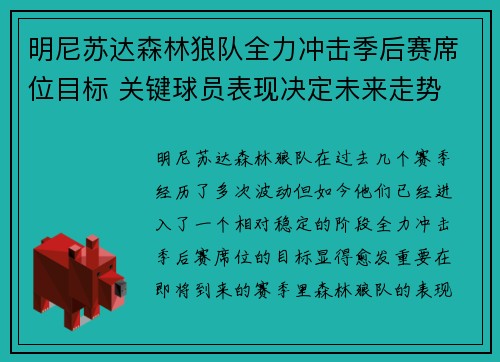 明尼苏达森林狼队全力冲击季后赛席位目标 关键球员表现决定未来走势