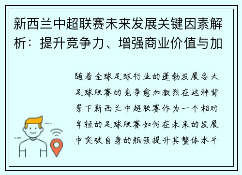新西兰中超联赛未来发展关键因素解析:提升竞争力、增强商业价值与加强国际化 新西兰中超联赛未来发展关键因素解析:提升竞争力、增强商业价值与加强国际化