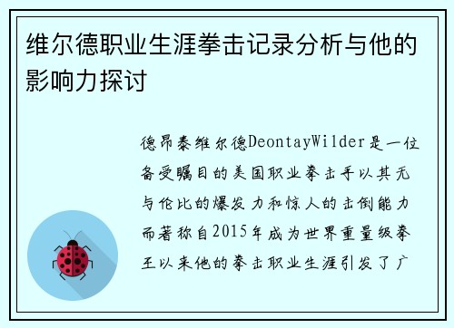 维尔德职业生涯拳击记录分析与他的影响力探讨
